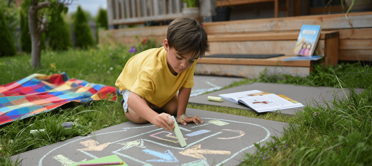 Child drawing colorful arrows and shapes with chalk on a gray path outdoors.